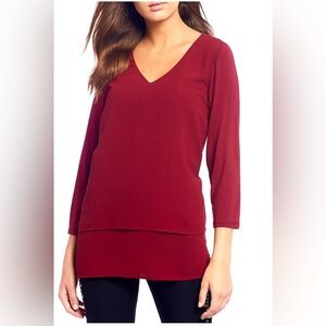 Deep Magenta Womens Maroon 3/4 Sleeve V Neck Top, Michael Kors